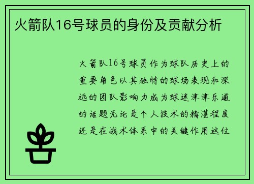 火箭队16号球员的身份及贡献分析